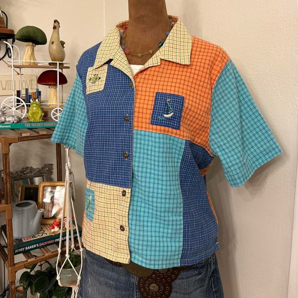 Blue Multicolor Patchwork Short Sleeve Button Up … - image 1